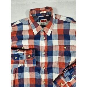 Wrangler Indigo Mens Large Red White Blue Plaid Button Down Shirt JLP3MWR